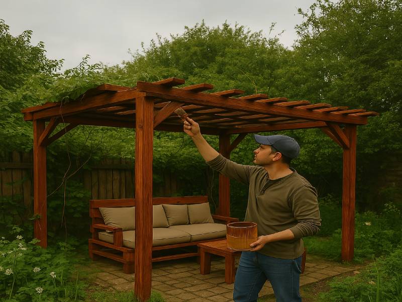 un homme qui termine de rénover sa pergola en bois