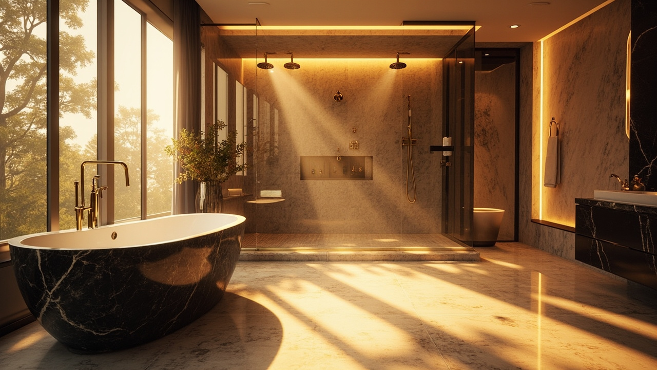 Baignoire ilot dans salle de bain elegante  
Douche italienne grande dans salle de bain luxe