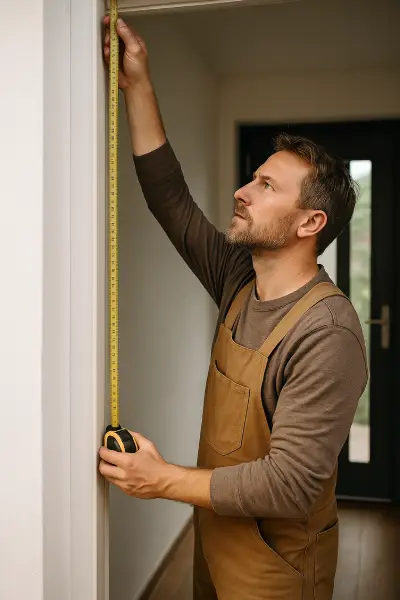 artisan qui mesure l'espace pour une porte sur mesure