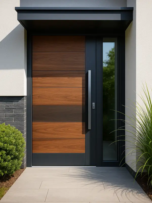 Porte d’entrée moderne en bois et aluminium, alliant design contemporain, robustesse et isolation optimale.