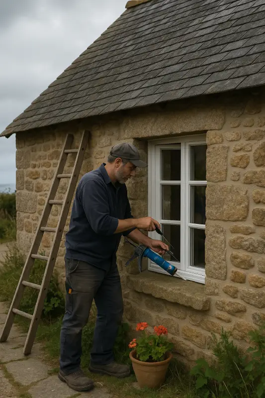 un artisan en Ille et VIlaine qui répare les joints d'une ancienne fenêtre